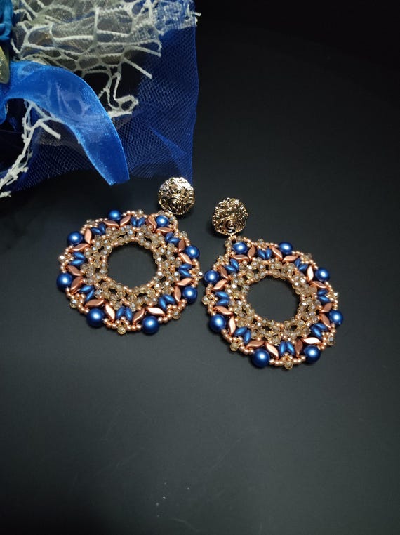 Large Blue Hoop Earrings Made With Swarovski Crystals  Elegant Blue and Silver Beaded Hoop Earrings display picture 1
