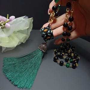 Handmade Large Pearl Sautoir Necklace, Long Marcasite Tassel Necklace, Long Black Agate Necklace, Long Elegant Necklace, Pendant necklace