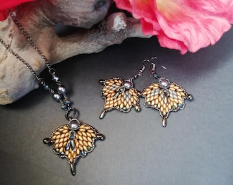 Beaded Leaf Jewelry Set: Bronze-Gold Necklace and Earrings