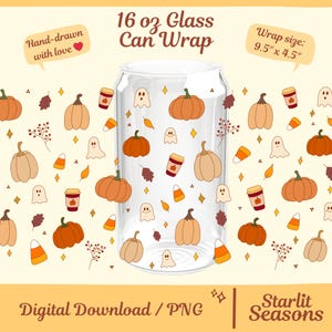 May include: A clear 16 oz glass can wrap with a fall-themed design. The wrap features illustrations of pumpkins, ghosts, coffee cups, and autumn leaves. The wrap size is 9.5" x 4.5". The words "Hand-drawn with love" are also visible.
