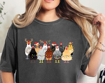 Comfort Colors® Christmas Chicken Shirt, Christmas Lights T-shirt, Animal Lovers Gift, Merry Christmas Tee, Farm Christmas Vibes Shirt