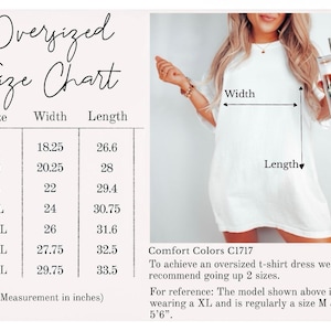 Pu&ograve; includere: Tabella delle taglie per un abito t-shirt oversize con misure in pollici. La tabella mostra la larghezza e la lunghezza dell'abito nelle taglie dalla S alla 4XL. Comfort Colors C1717. Per ottenere un abito t-shirt oversize, si consiglia di salire di 2 taglie. Per riferimento: La modella mostrata sopra indossa una XL e normalmente indossa una taglia M e misura 1,68 m.