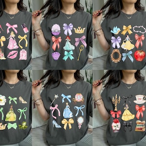 Comfort Colors® Disney Princesses Coquette Bow Shirt, Princess Belle Elsa Ariel Cinderella Tiana Snow White Rapunzel Girls Matching Shirt