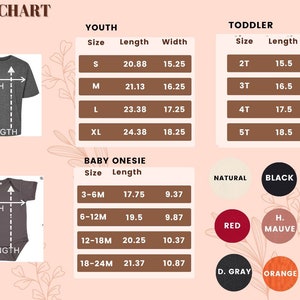 Pu&ograve; includere: Tabella delle taglie per abbigliamento per bambini, bambini piccoli e neonati. La tabella mostra le taglie, la lunghezza e la larghezza in pollici. La tabella include anche una tabella dei colori con vari colori per l'abbigliamento.