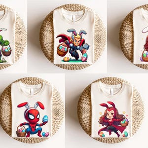 May include: Five white t-shirts with different cartoon characters wearing bunny ears and holding Easter baskets. The characters are Hulk, Thor, Scarlet Witch, Spider-Man, and a bunny.
