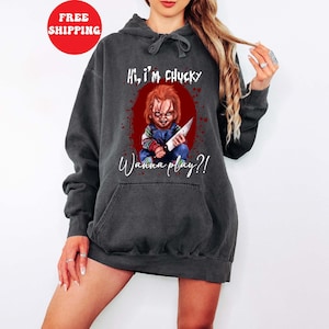 Comfort Colors® Chucky Sweatshirt, Horror Hoodie, Horror Movie Crewneck, Chucky Wanna Play Pullover, Halloween Party , Spooky Season Hoodie