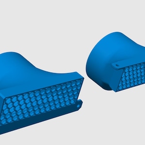 Könnte beinhalten: Zwei blaue, hornförmige Objekte mit einem Wabenmuster auf der Vorderseite. Jedes Objekt hat eine zylindrische Basis und einen ausgestellten, rechteckigen Frontbereich. Wahrscheinlich Komponenten oder Teile.