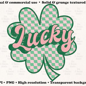 May include: A green and pink clover design with the word "Lucky" in a retro font. The clover has a checkered pattern in green and pink. The text "Lucky" is in a pink, 3D-style font. The image is for personal and commercial use.