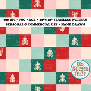 May include: Seamless Christmas pattern featuring a grid of red, green, pink, and light blue squares. Each square contains a white Christmas tree or a stylized branch. The text reads "300 DPI • PNG • RGB • 12"x 12" SEAMLESS PATTERN PERSONAL & COMMERCIAL USE • HAND DRAWN".