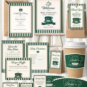 May include: A baby shower bundle with a coffee theme. The set includes invitations, welcome signs, thank you tags, and game cards. The design features green and white stripes, coffee cup illustrations, and the text "A Little Bean Is Brewing."