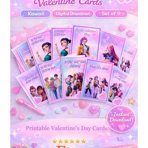 Può includere: Un set di nove biglietti di San Valentino stampabili a tema K-Pop e Girl Gang. Le carte presentano illustrazioni e testo, tra cui "You're Golden" e "Happy Valentine's Day". Il design è in stile Kawaii, con tonalità rosa e viola.
