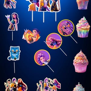 Pode incluir: Uma coleção de topos de bolo e cupcakes em um fundo azul escuro. Os topos apresentam ilustrações estilizadas de um grupo de mulheres em várias poses. Os cupcakes têm cobertura e granulado coloridos.