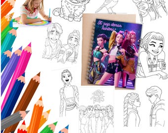 Libro para colorear de Cazadores de Demonios del Kpop - Descarga digital en PDF - Páginas para colorear de anime - Actividad imprimible para niños