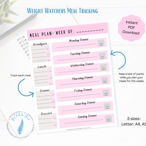Printable Weight Watchers Meal Idea Tracking |A4, A5, Letter | Meal Idea Printable | Weight Loss Meal Ideas | Smart Point Meal Tracker Pink