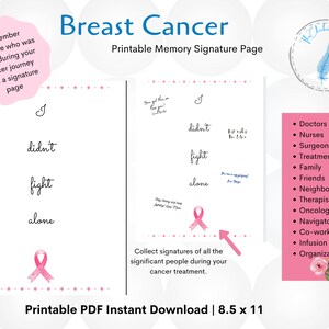 Breast Cancer Memory Page | Signature Collect Page for Breast Cancer | PDF Instant Download | 8.5 x 11