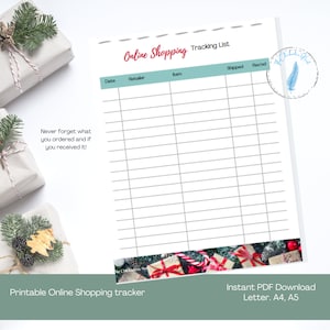 May include: Printable online shopping tracker with a checklist for date, retailer, item, shipped, and received. The tracker has a white background with a light blue header and a festive Christmas themed border.