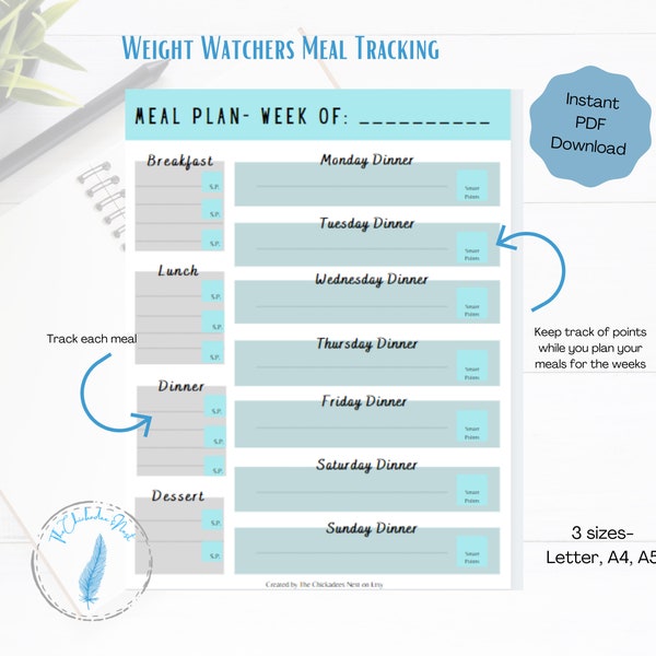 Weight Watchers Meal Tracking Printable | Smart Points Tracking Sheet | A4, A5, Letter | Smart Points Meal Tracker |