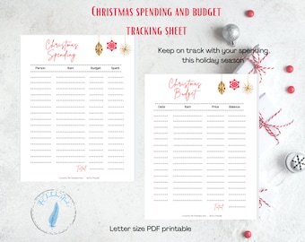 May include: Printable Christmas spending and budget tracking sheet featuring gold and red baubles. The sheet includes columns for person, item, budget, and spent. The sheet also includes columns for date, item, price, and balance.
