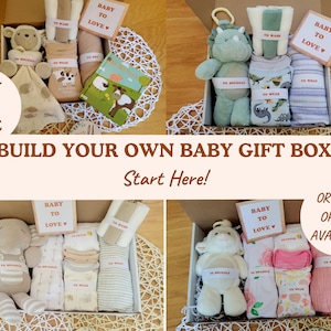 Peut inclure: Quatre boîtes-cadeaux remplies d'articles pour bébés. Chaque boîte contient un animal en peluche, une couverture, un body et une débarbouillette. Les boîtes sont décorées des mots "Baby to Love" et "Organic Option Available".
