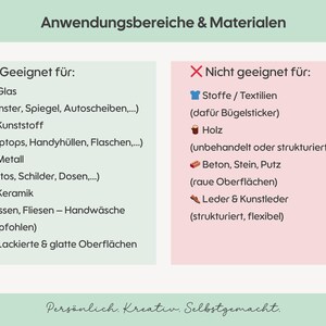 Op de afbeelding: Een informatiekaart met de titel Anwendungsbereiche & Materialien met twee kolommen. De linker kolom somt geschikte oppervlakken op zoals glas, kunststof, metaal, keramiek en gelakte oppervlakken. De rechter kolom toont ongeschikte materialen zoals textiel, hout, beton en leer.