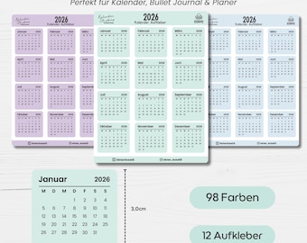 Calendar Stickers 2026 – Annual Calendar for Bullet Journal & Planner | 12 Monthly Stickers in 40 Colors |