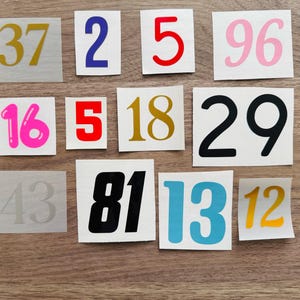 Könnte beinhalten: Eine Sammlung von elf quadratischen Aufklebern mit verschiedenen Zahlen in unterschiedlichen Farben und Schriftarten. Das Set enthält die Zahlen 37, 2, 5, 96, 16, 5, 18, 29, 43, 81, 13 und 12 in Gold, Blau, Rot, Pink, Schwarz, Hellgrau und Hellblau.
