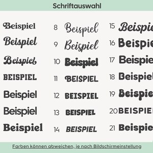Op de afbeelding: Een lettertypekeuzekaart met de titel Schriftauswahl met eenentwintig genummerde voorbeelden van het woord Beispiel in diverse zwarte lettertypes, vari&euml;rend van script en serif tot vette schreefloze stijlen op een lichtgrijze achtergrond.
