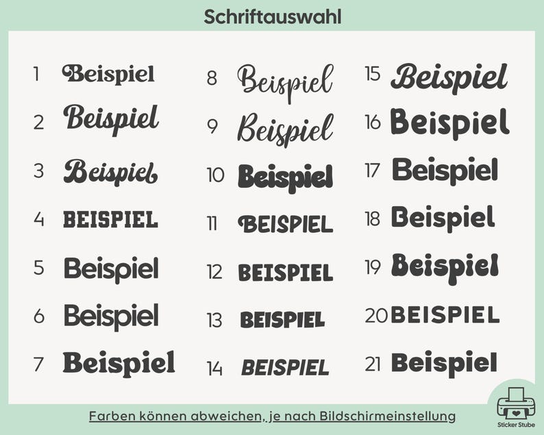Op de afbeelding: Een lettertypekeuzekaart met de titel Schriftauswahl met eenentwintig genummerde voorbeelden van het woord Beispiel in diverse zwarte lettertypes, vari&euml;rend van script en serif tot vette schreefloze stijlen op een lichtgrijze achtergrond.