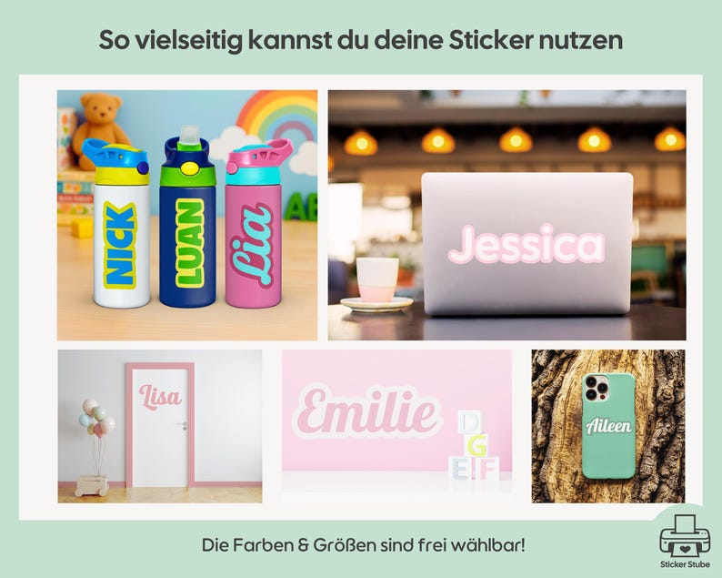 Op de afbeelding: Gepersonaliseerde naamstickers op drinkflessen, een laptop, een deur, een muur en een telefoonhoesje. De stickers tonen verschillende namen zoals Nick, Luan, Lia, Jessica, Lisa, Emilie en Aileen in diverse lettertypes en kleuren.