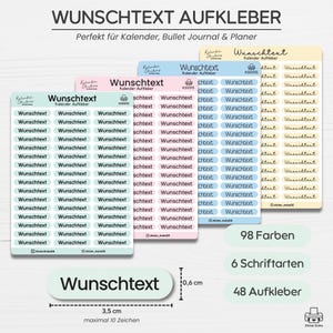 Könnte beinhalten: Blätter mit Aufklebern mit dem Text "Wunschtext" in verschiedenen Farben. Die Aufkleber sind für Kalender, Bullet Journals und Planer gedacht. Das Bild zeigt auch die Abmessungen der Aufkleber, die 3,5 cm breit und 0,6 cm hoch sind.