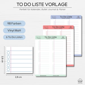 Könnte beinhalten: Ein Set von To-Do-Listen-Aufklebern in verschiedenen Farben, darunter Rosa, Blau und Grün. Jeder Aufkleber misst 2,8 cm x 2,8 cm und hat ein liniertes Layout mit Kontrollkästchen. Der Text lautet "To Do Liste" und "Kalender Aufkleber".