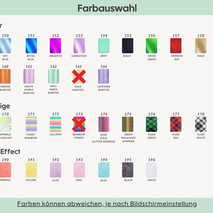 Op de afbeelding: Een kleurenkaart met de titel Farbauswahl, onderverdeeld in drie categorie&euml;n: Glitter, Sonstige en Pearl Effect. Het toont genummerde stalen van 150 tot 196, inclusief diverse effen, glitter, ruitpatroon en parelmoereffect kleuren met labels.