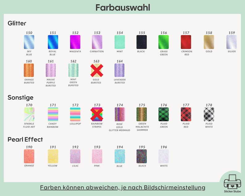 Op de afbeelding: Een kleurenkaart met de titel Farbauswahl, onderverdeeld in drie categorie&euml;n: Glitter, Sonstige en Pearl Effect. Het toont genummerde stalen van 150 tot 196, inclusief diverse effen, glitter, ruitpatroon en parelmoereffect kleuren met labels.