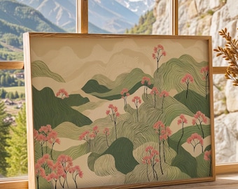 Abstrakte Landschaft Japanische Felder Druck, Beige und Salbei Grün Zen Skandinavisch Japanisch Wandkunst, gerahmtes neutrales Wabi Sabi Japandi Poster