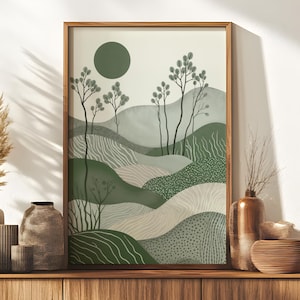 Impresión minimalista de campos japoneses en verde salvia, arte mural japonés escandinavo wabi sabi, póster enmarcado con motivos japoneses y patrones abstractos