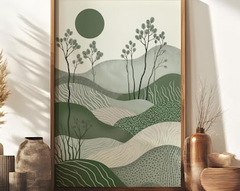 May include: A wooden console table with three drawers, featuring a framed print of a green and white abstract landscape with a sun and trees. The table is decorated with vases and other decorative items.