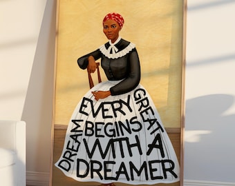 May include: A painting of a woman wearing a red headscarf and a black dress with a white skirt. The skirt has the words "Every Great Dream Begins With A Dreamer" written on it.