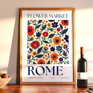 Stampa vintage del mercato dei fiori di Roma, poster colorato ispirato a Henri Matisse, vivace arte floreale multicolore botanica da parete incorniciata per la casa