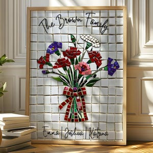 Regalo de flores de nacimiento de la familia, regalo personalizado para el Día de la Madre, impresión de flores en mosaico enmarcadas para el mes de nacimiento de mamá, regalo para ella, arte de pared personalizado