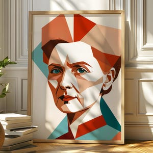 Stampa del mese della storia delle donne Marie Curie, poster geometrico AI Empowered Women in Stem, ritratto AI incorniciato Donne famose nella scienza Arte femminista