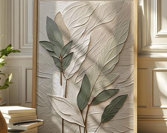 Sage Green Wabi Sabi Wall Art, Canvas Textured Effect Leaves Japandi Print, Neutral Japandi Poster, Zen Scandinavian Japanese Painting