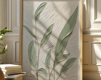 Sage Green Wabi Sabi Wall Art, Canvas Textured Leaves Effect Japandi Print, Neutral Japandi Poster, Zen Scandinavian Japanese Painting