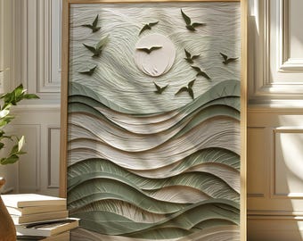 Textured Effect Canvas Sage Green Wall Art, Wabi Sabi Japanese Landscape Print, Flying Birds Japandi Poster, Japanese Waves Wall Art