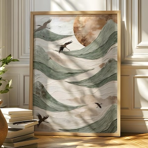 Wabi Sabi Canvas 3D Textured Wall Art, Framed Japanese Waves Wabi Sabi Art, Flying Bird Japandi Poster, Earth Tone Scandi Zen Wall Art