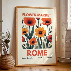 Stampa vintage del mercato dei fiori di Roma, poster ispirato a Henri Matisse con margherite floreali arancioni e gialle, vivace arte murale botanica incorniciata per la casa