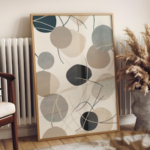 Impresión abstracta neutra con textura japonesa, arte mural japonés escandinavo con círculos y líneas, póster minimalista moderno wabi sabi enmarcado