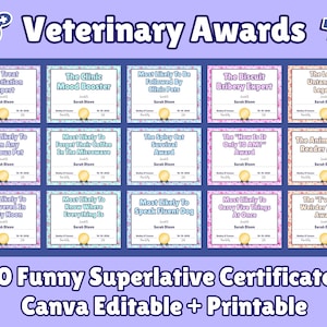 May include: A collection of 50 funny veterinary superlative certificates with a light purple background. Each certificate features a unique title like The Treat Negotiation Expert, The Clinic Mood Booster, and The Animal Mind Reader Award.
