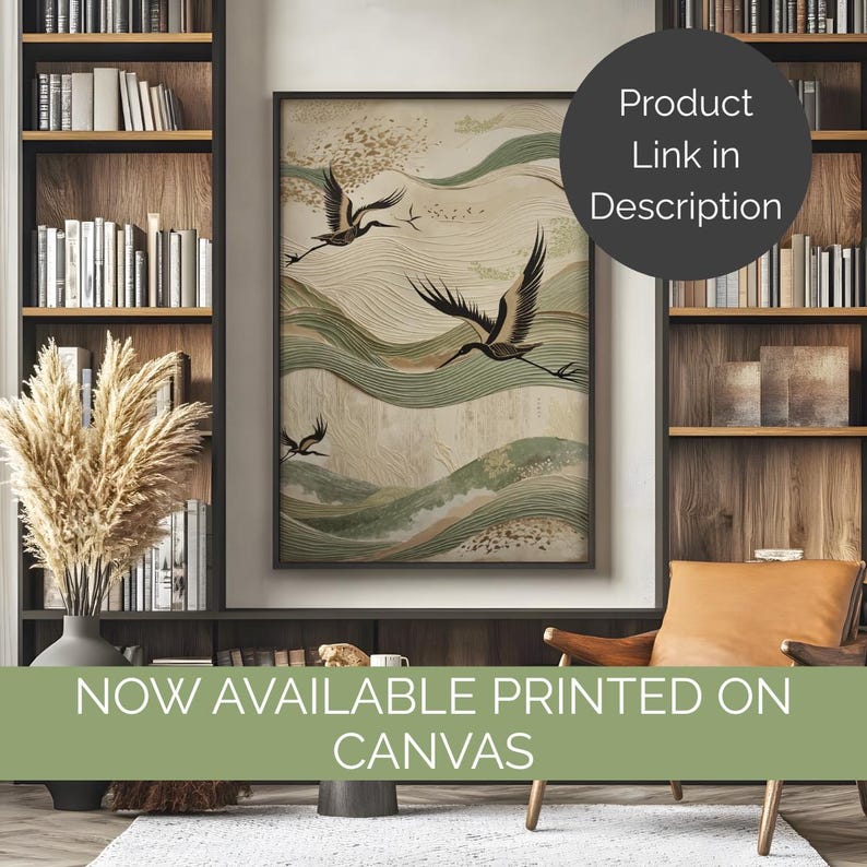 Sage green and beige textured japanese crane wabi sabi wall art now available printed on canvas
