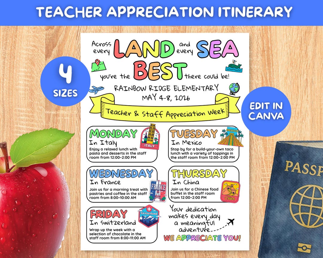 Travel Theme Teacher Appreciation Week Itinerary Flyer, Editable ...