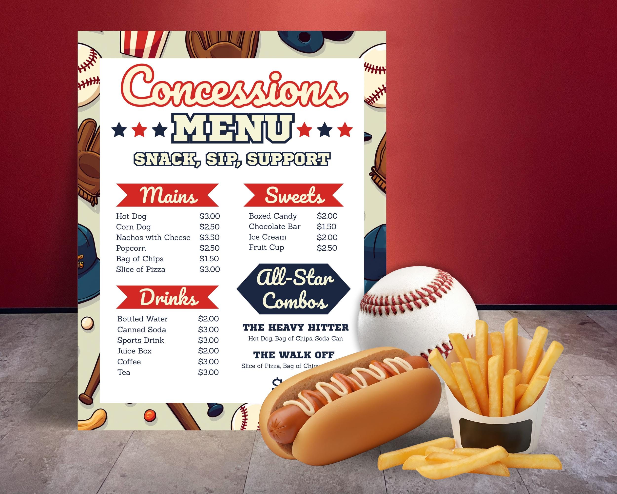 Baseball Concessions Menu Template, Editable Food Menu, Printable Game ...
